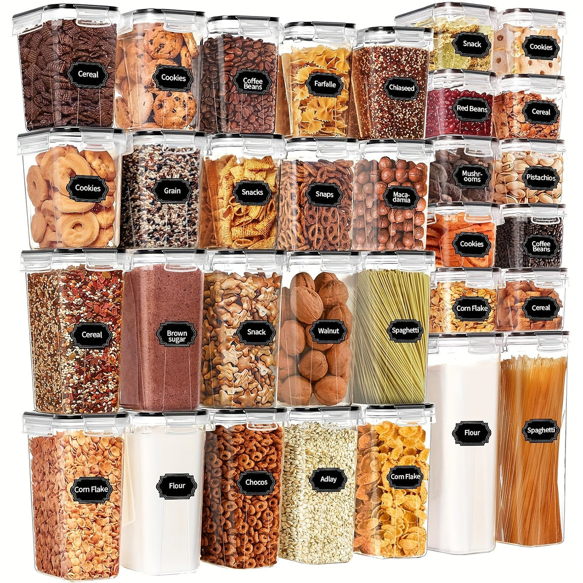 Airtight Food Storage Containers 64-Pack with Labels & Marker, BPA-Free Plastic Canisters with Lids for Kitchen Pantry Organization, Flour Sugar Cereal Dry Food Storage Set – 32 Boxes + 32 Lids