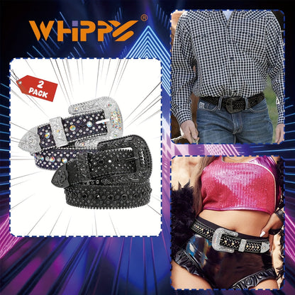 Rhinestone Belt Unisex Western Cowgirl Bling Belt – Sparkling Faux Leather Adjustable Waist Belt with Alloy Buckle for Women Men Sizes S-XL Party Festival Halloween Christmas Gift