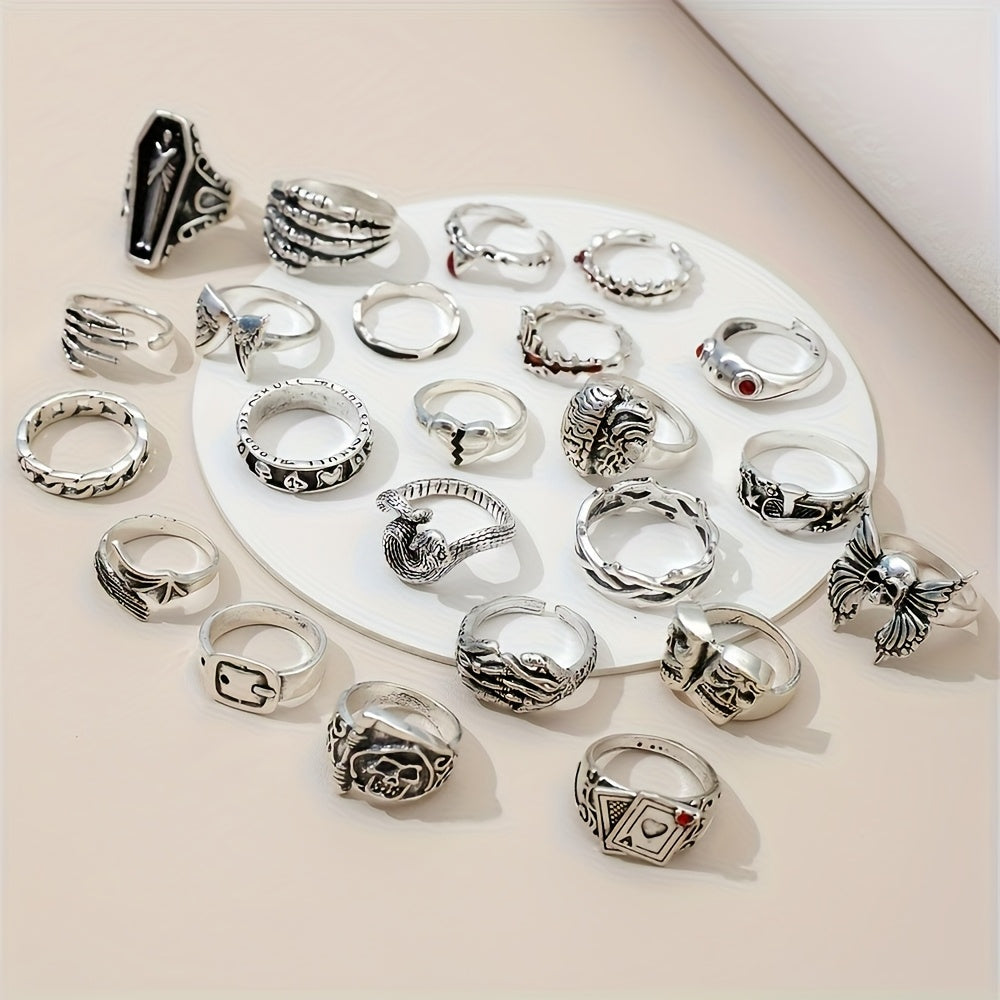 24pcs Retro Punk Ring Set for Women Men – Dark Style Spider Skull Cross Vintage Gothic Rings, Adjustable Stackable Jewelry for Daily Wear, Party, Halloween & Gift