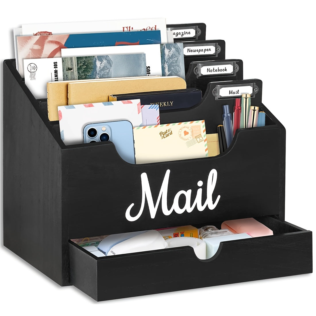 Large Solid Wood Desktop Mail Organizer with Drawer and 4 Compartments Labelable Dividers for Files Letters Paper Folders Desk Organizer for Home Office Students and Professionals