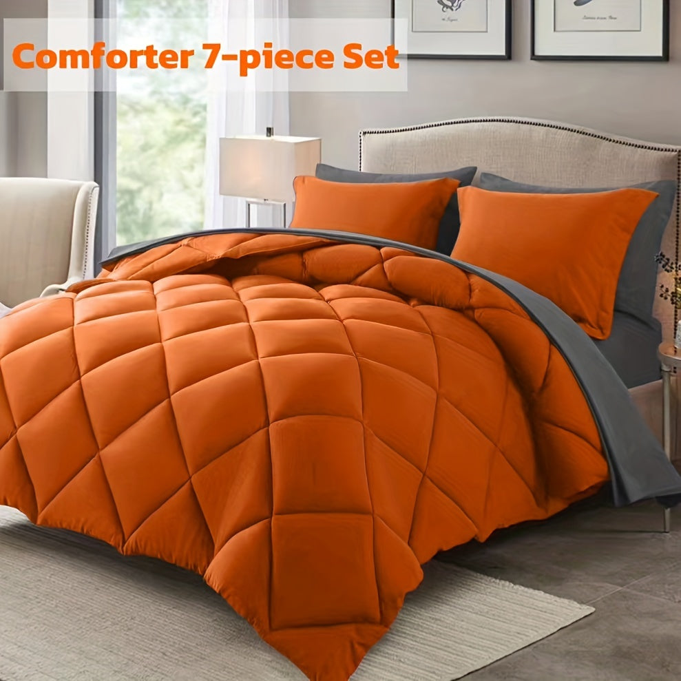 7 Piece Comforter Set Queen King Size – Soft Microfiber Pinch Pleated Bed in a Bag with Comforter, Fitted Sheet, Flat Sheet & 4 Pillowcases, All-Season Bedding Set for Home & Dorm