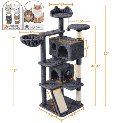 57-Inch Multilevel Cat Tree Tower with 2 Condos – Sisal Scratching Posts, Dangling Ball, Round Platform & Ladder for Indoor Kittens & Small Cats, 6 Colors, Christmas Gift for Cat Lovers