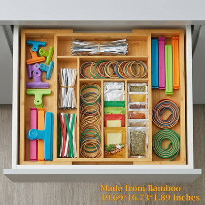Expandable Cutlery Tray Drawer Organizer – Adjustable Kitchen Silverware Organizer for Knives, Forks & Spoons with Labels – Fits Kitchen, Bedroom & Living Room Drawers – Bamboo & Plastic