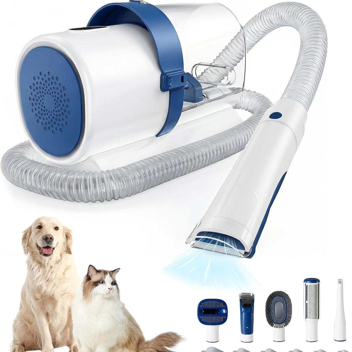 5-in-1 Pet Grooming Vacuum Kit with 99% Hair Suction – Professional Dog & Cat Clippers with 6 Guide Combs, Powerful Low-Noise Grooming Vacuum for Dogs Cats & All Pets, White Grey Blue