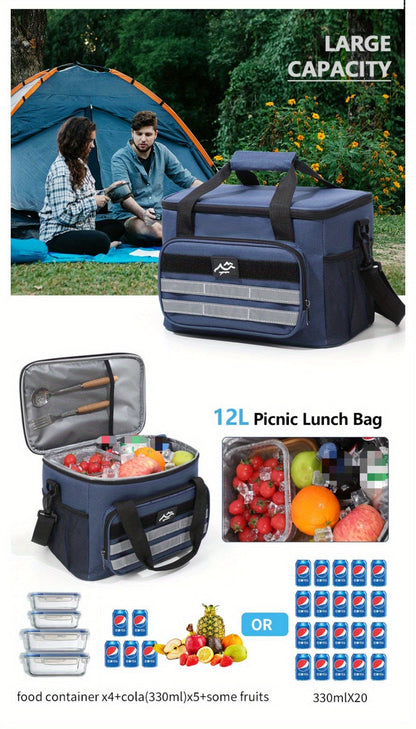 Large Capacity Insulated Cooler Bag Leakproof Portable Food Storage for Picnic Camping Beach Lunch, Durable Handle Soft Sided Cooler Tote with Thick Insulation - Black Navy Grey Khaki