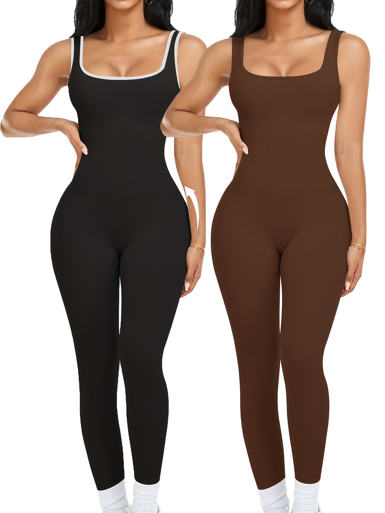 2-Pack Women's Sleeveless Square Neck Long Jumpsuit - 90% Nylon Thick Stretchy Impermeable Activewear Bodysuit for Yoga Pilates Running Fitness, Washable One-Piece Workout Suit Sizes S-XL