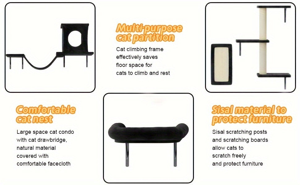 7-Piece Wall Mounted Cat Climbing Shelf Set – Deluxe Indoor Cat Furniture with Cat Condo, Wall Shelves, Scratching Post, Bridge Ladder & Tunnel, Space-Saving Cat Wall Playground for All Cat Sizes