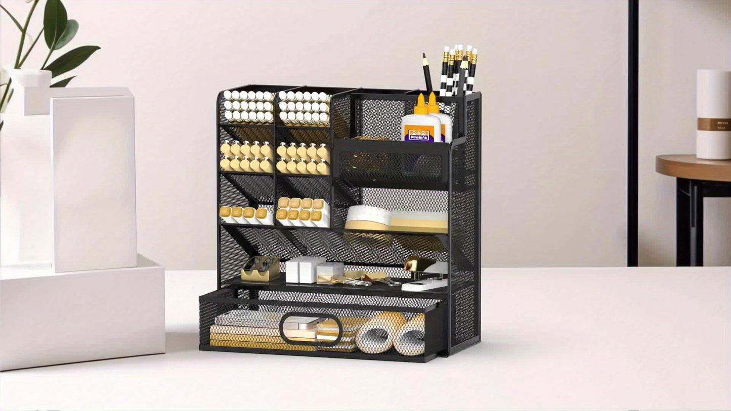 Mesh Desk Organizer with Drawer & Pen Holder – Pencil Cup Storage for Office, School & Art Studio, Breathable Mesh Design, Available in Black, Yellow & Blue