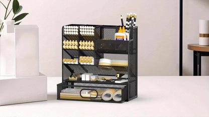 Mesh Desk Organizer with Drawer & Pen Holder – Pencil Cup Storage for Office, School & Art Studio, Breathable Mesh Design, Available in Black, Yellow & Blue