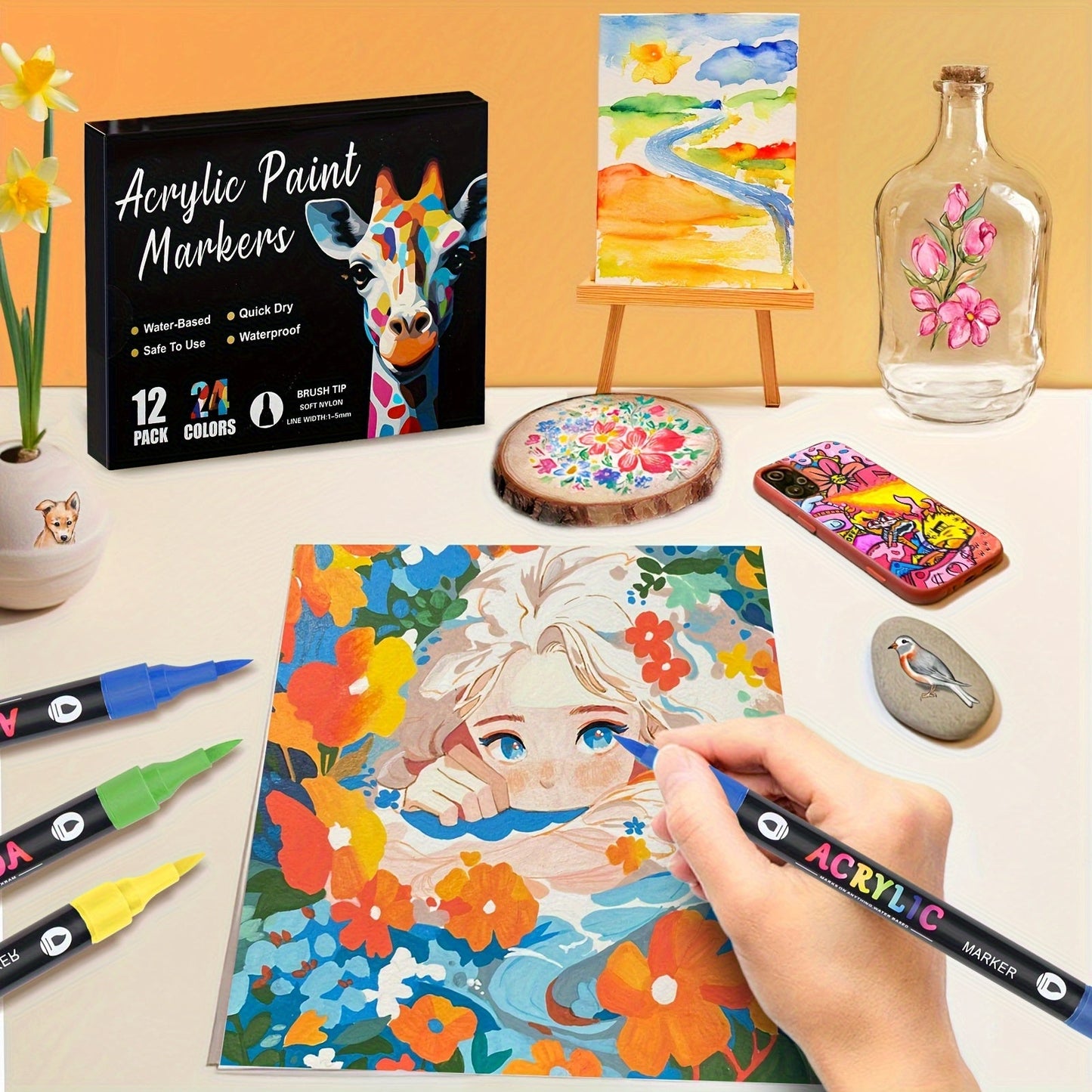 Double-Ended Waterproof Acrylic Paint Pens 48 or 72 Colors for Rock Painting Fabric Metal Glass Wood Canvas Ceramics Eggs Pumpkins DIY Art Crafts