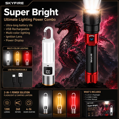 SKYFIRE 5000 Lumen LED Flashlight Rechargeable with Ignition Lens, Adjustable Focus & 4 Modes – Super Bright High Lumen Tactical Flashlight for Camping, Outdoor, Farm & Emergency Family Use