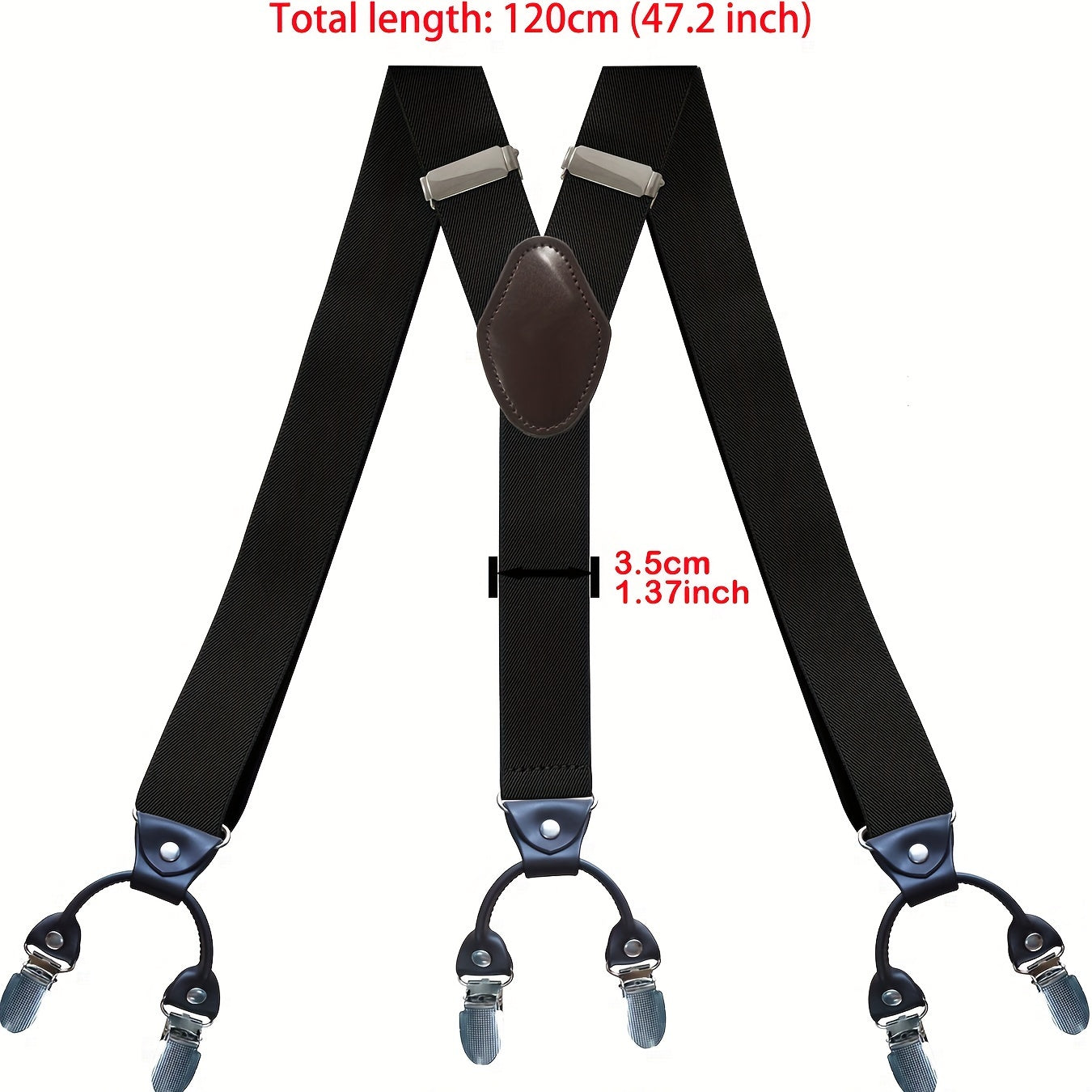 Men's Suspenders Y-Back PU Leather Heavy Duty Suit Brace with 6 Metal Clips – Adjustable Elastic Vintage Style, Black Gray Navy Blue White Coffee Beige Wine Red, Casual & Formal Wear