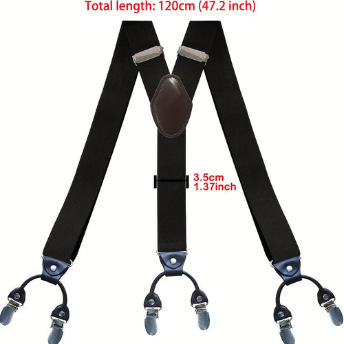 Men's Suspenders Y-Back PU Leather Heavy Duty Suit Brace with 6 Metal Clips – Adjustable Elastic Vintage Style, Black Gray Navy Blue White Coffee Beige Wine Red, Casual & Formal Wear