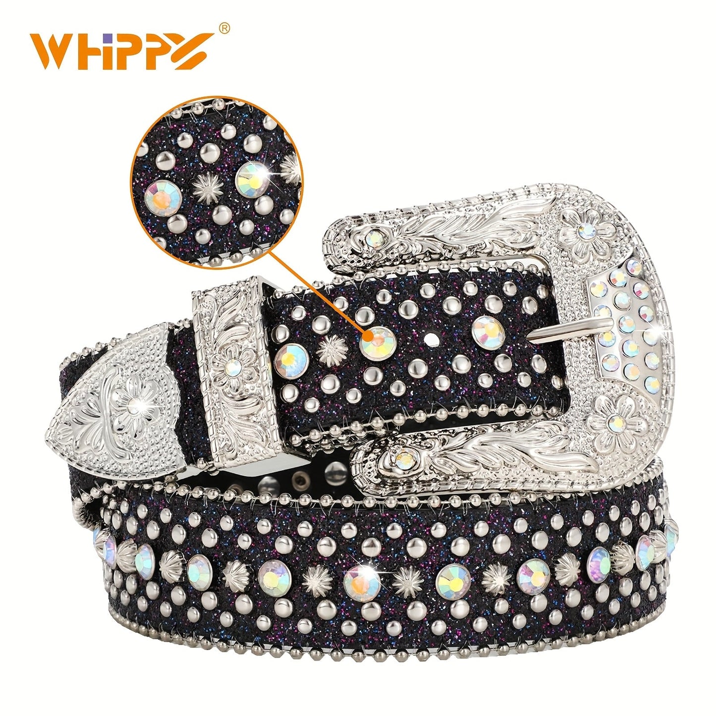 Rhinestone Belt Unisex Western Cowgirl Bling Belt – Sparkling Faux Leather Adjustable Waist Belt with Alloy Buckle for Women Men Sizes S-XL Party Festival Halloween Christmas Gift