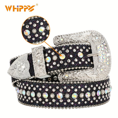Rhinestone Belt Unisex Western Cowgirl Bling Belt – Sparkling Faux Leather Adjustable Waist Belt with Alloy Buckle for Women Men Sizes S-XL Party Festival Halloween Christmas Gift