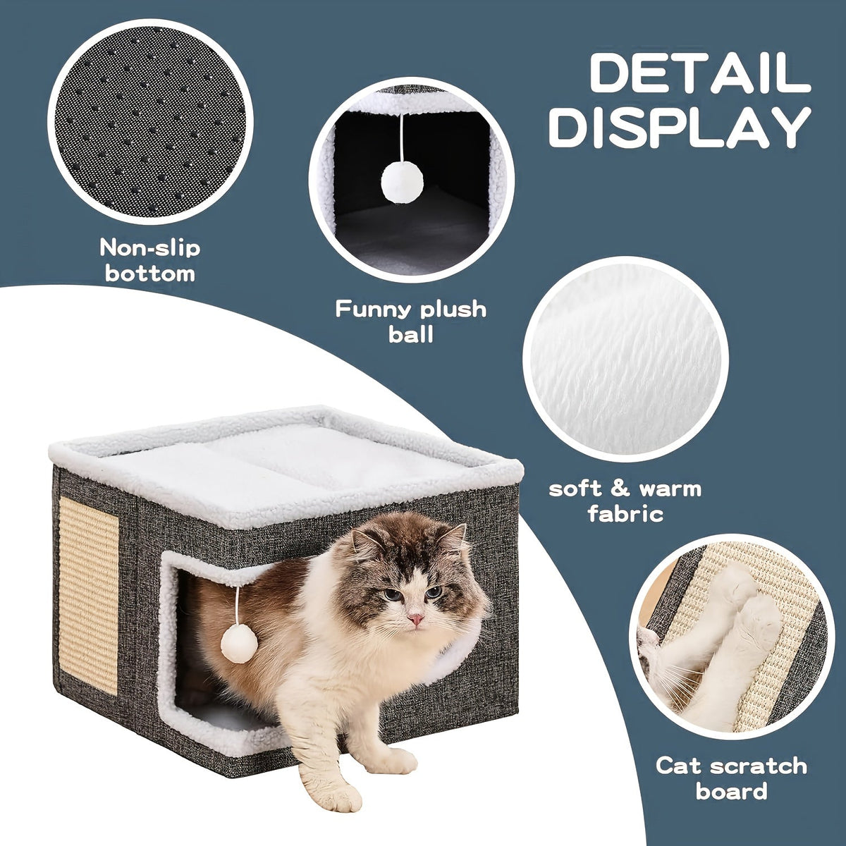 Multi-Layer Cat House with 2-Tier Bed, Toy Tunnel, Foldable Scratching Post & Cozy Mat – All-Season Indoor Cat Condo with Plush Hanging Ball, Nylon Frame & Canvas, Foldable Design