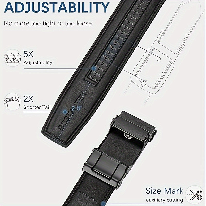 Men's Leather Ratchet Belt Stainless Steel Auto Buckle Trim to Fit Dress and Casual Adjustable Black Belt for Men