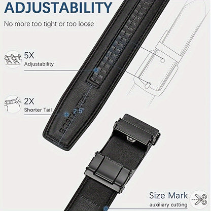 Men's Leather Ratchet Belt Stainless Steel Auto Buckle Trim to Fit Dress and Casual Adjustable Black Belt for Men