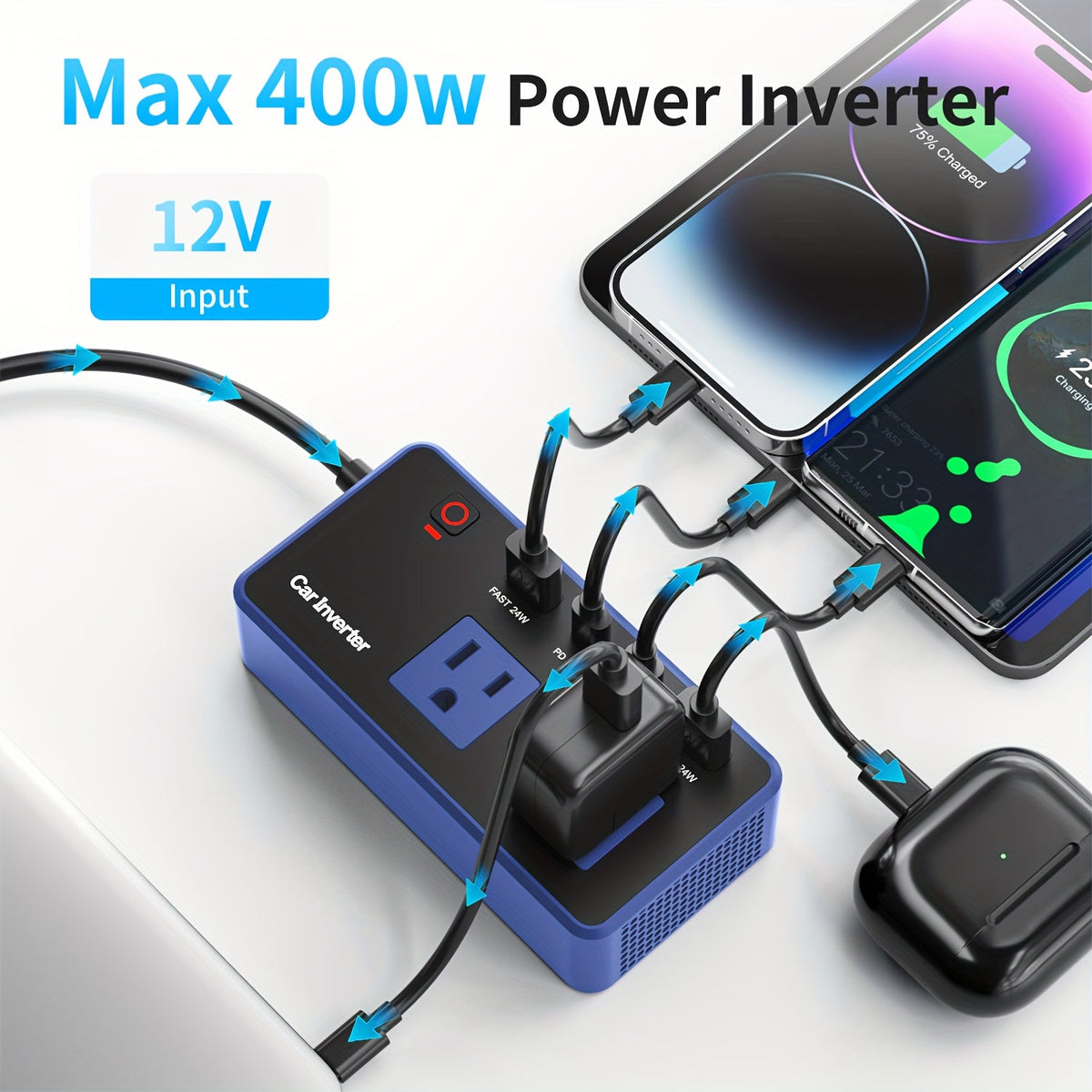 200W Car Power Inverter DC 12V to AC 110V with 24W USB-C & USB-A 4.8A Ports – Vehicle Outlet Adapter for Laptop, Camping, Travel & Road Trip Power Converter