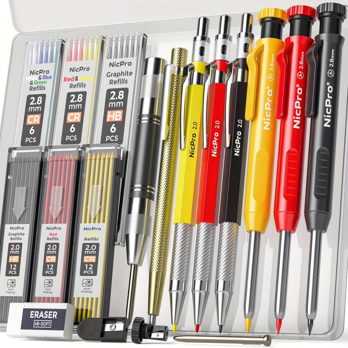 Carpenter Pencil Set with Sharpener – Mechanical Pencils with Refills, Automatic Center Punch & Carbide Scribe Tools in Sturdy Case, 15/16/17/18/27-Piece Pro Marking Kit for Woodworking
