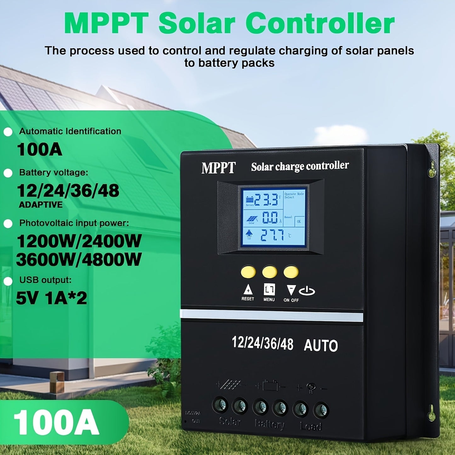 100A MPPT Solar Charge Controller with LCD Display & Auto Tracking - Compatible with Lead-Acid, Lithium & LiFePO4 Batteries, for Off-Grid Solar Systems, RV, Boat & Home