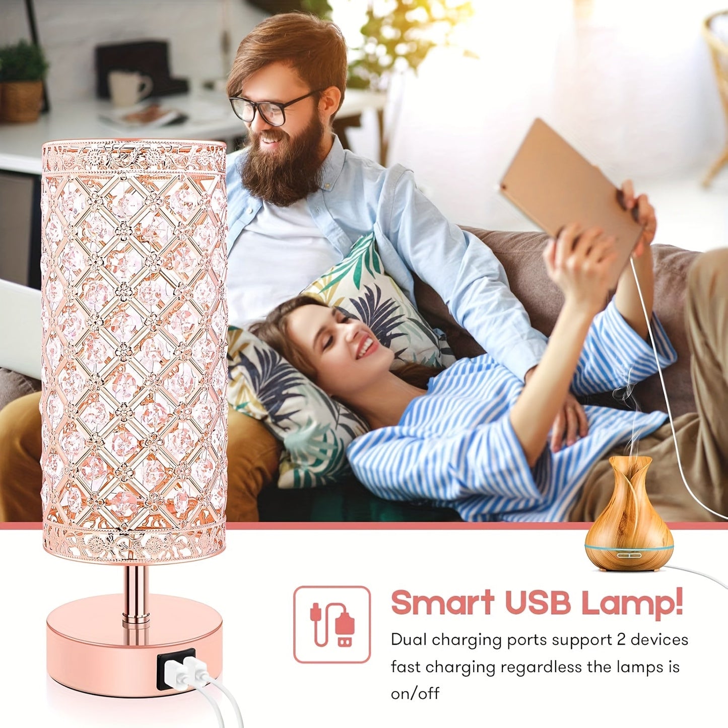 Crystal Touch Table Lamp 3-Way Dimmable with 2 USB Charging Ports LED Bulb Included Decorative Bedside Nightstand Light for Bedroom Living Room Office – Antique Bronze Rose Gold Silver
