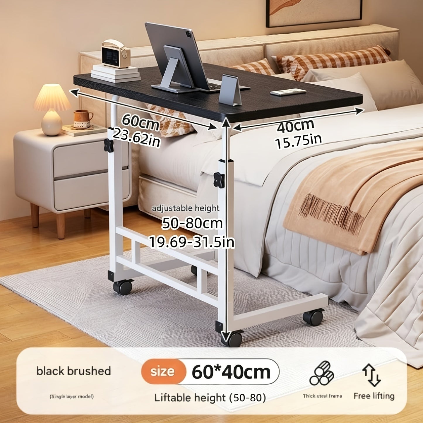 Portable Mobile Desk with Wheels & Adjustable Height Lift Table – Small Computer Study Desk for Bedside Sofa Crafts Home Office in Black or White