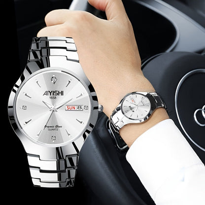Men's Luxury Quartz Wristwatch with Double Calendar and Luminous Hands – Elegant Business Stainless Steel Watch for Men, Classic Gold Black White Dial, Perfect Gift for Him Birthday Anniversary