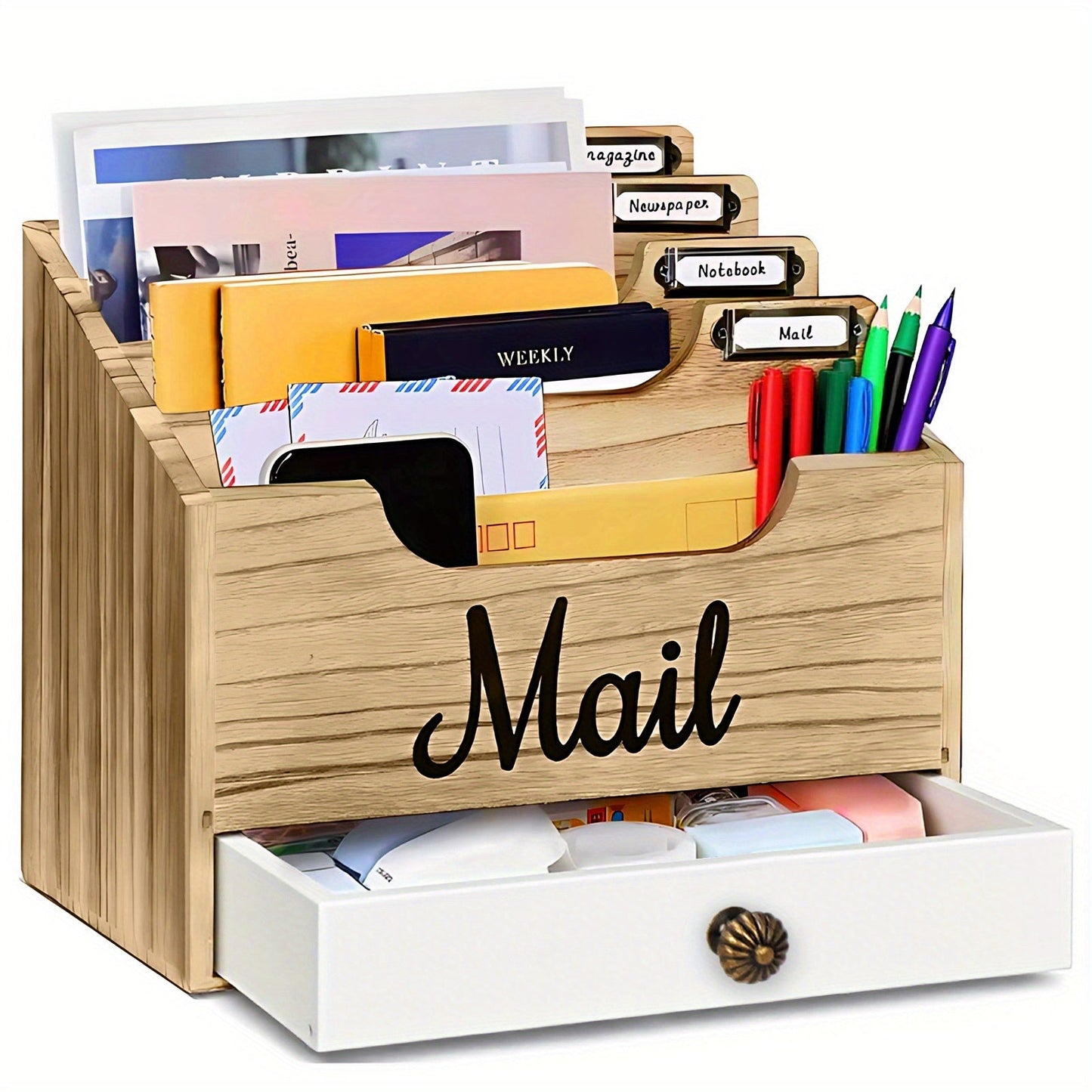Large Solid Wood Desktop Mail Organizer with Drawer and 4 Compartments Labelable Dividers for Files Letters Paper Folders Desk Organizer for Home Office Students and Professionals