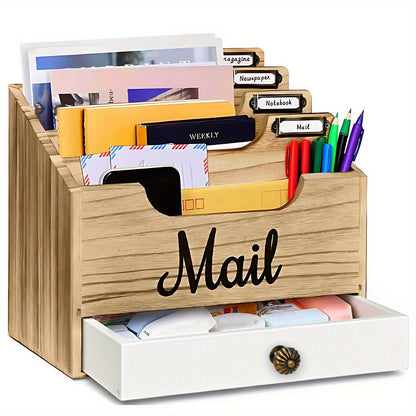Large Solid Wood Desktop Mail Organizer with Drawer and 4 Compartments Labelable Dividers for Files Letters Paper Folders Desk Organizer for Home Office Students and Professionals