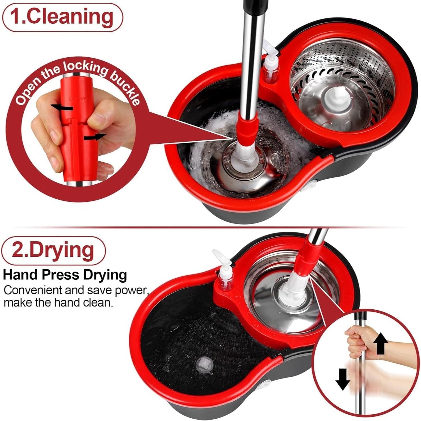 360° Spin Mop and Bucket with Wringer Set – 4 Microfiber Replacement Heads & Stainless Steel Adjustable Handle, Deep Clean Hardwood Tile Laminate Floors, Hands-Free Wringing Floor Cleaning System
