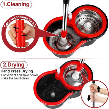 360° Spin Mop and Bucket with Wringer Set – 4 Microfiber Replacement Heads & Stainless Steel Adjustable Handle, Deep Clean Hardwood Tile Laminate Floors, Hands-Free Wringing Floor Cleaning System