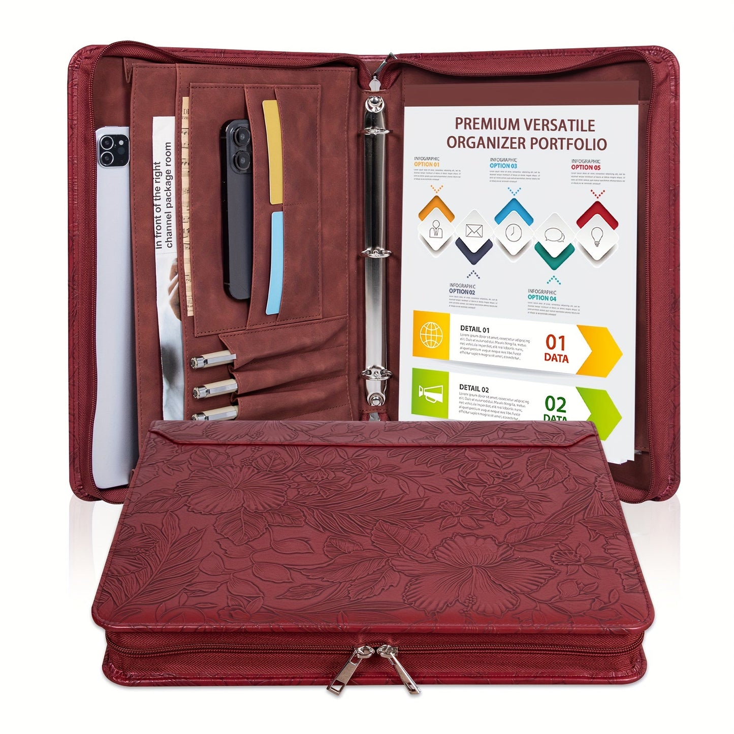 Vegan Leather Portfolio Binder 3-Ring Zipper A4 Legal Laptop Pocket Work Organizer for Women Men