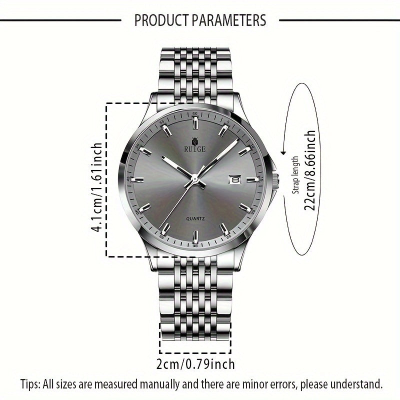 RUIGE Men's Luxury Quartz Watch Stainless Steel with Calendar Night Light Rhinestone Accents - Sports Business Dress Watch for Men Gift for Him