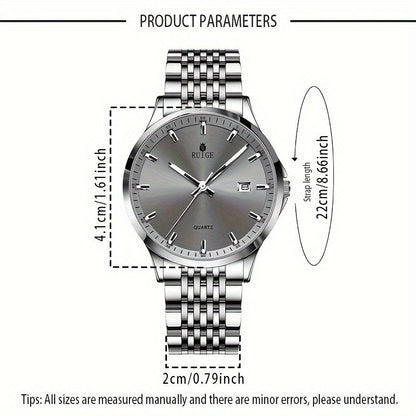RUIGE Men's Luxury Quartz Watch Stainless Steel with Calendar Night Light Rhinestone Accents - Sports Business Dress Watch for Men Gift for Him