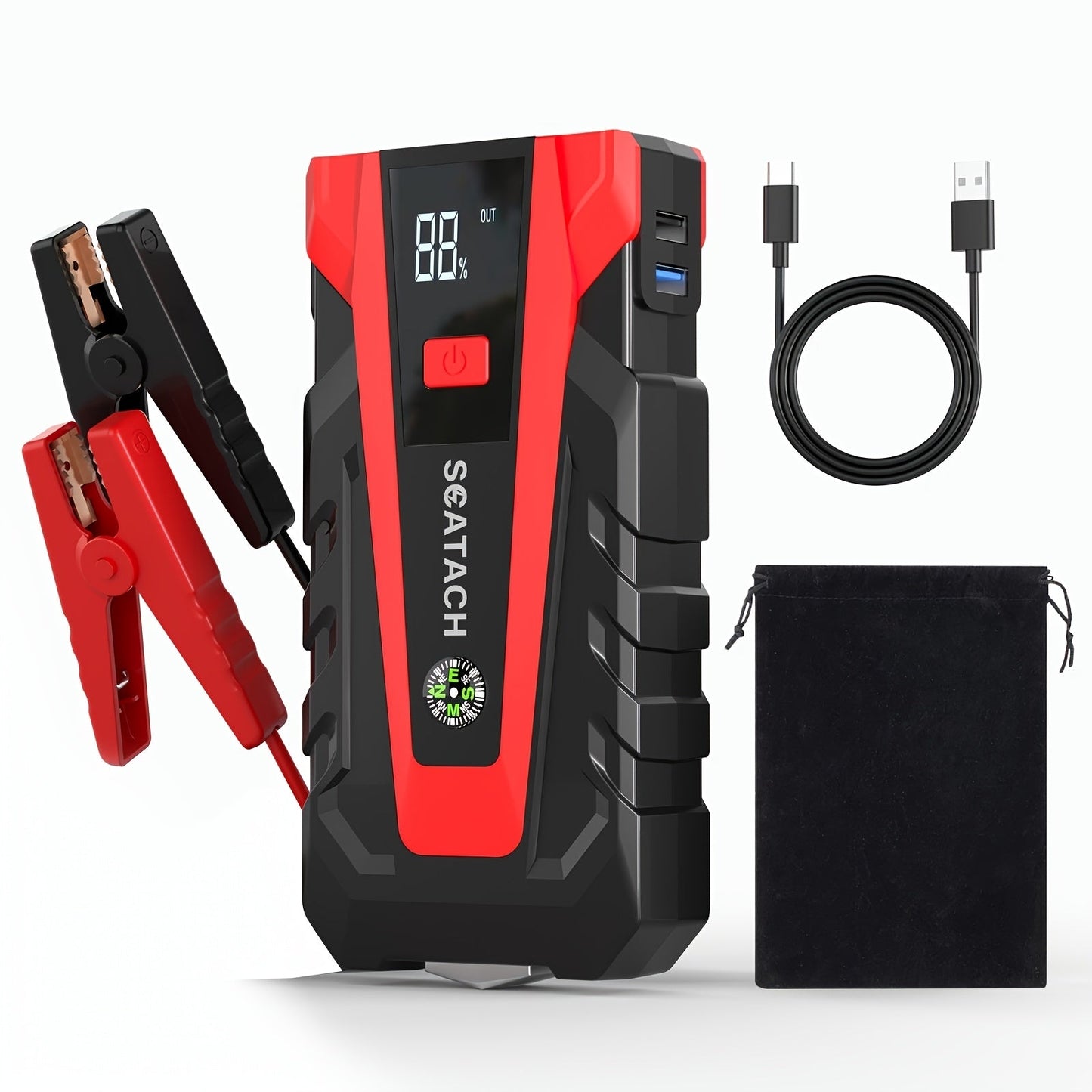 Car Jump Starter with Air Pump & Digital Tire Pressure Gauge – 12V Portable Emergency Starter for Cars, Trucks, SUV, RV & Motorcycles, LED Display, SOS Light & Window Breaker