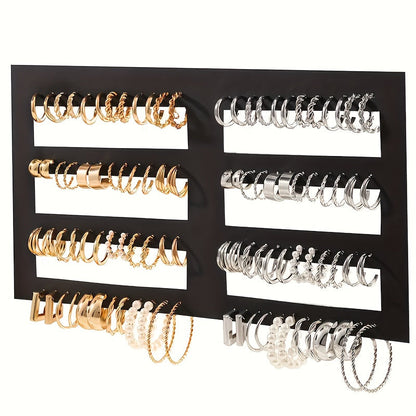 48 Piece Women's Hoop Earrings Set, Elegant Geometric & Heart Design with Faux Pearl Accents & Stainless Steel Studs for Daily Wear, Parties & Gifts