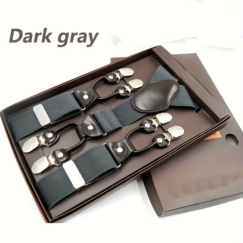 Men's Suspenders Y-Back PU Leather Heavy Duty Suit Brace with 6 Metal Clips – Adjustable Elastic Vintage Style, Black Gray Navy Blue White Coffee Beige Wine Red, Casual & Formal Wear