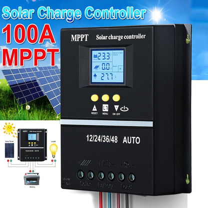 100A MPPT Solar Charge Controller with LCD Display & Auto Tracking - Compatible with Lead-Acid, Lithium & LiFePO4 Batteries, for Off-Grid Solar Systems, RV, Boat & Home