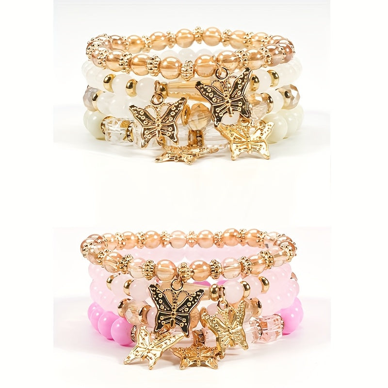 Boho Butterfly Beaded Bracelet Set for Women – 4, 8 & 16pcs Sparkle Multi-Layered Elastic Charm Stackable Bracelets, Perfect Gift for Stylish Ladies