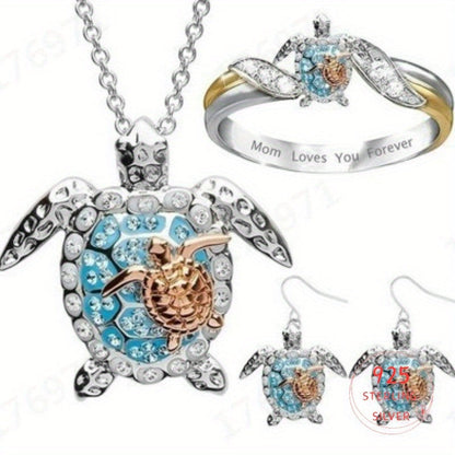 Turtle Jewelry Set for Women – S925 Silver Gold-Tone Necklace, Earrings & Ring with Cubic Zirconia, Boho Elegant 3-Piece Set for Daily Wear, Birthday Gift, Valentine's Day & Women's Gift