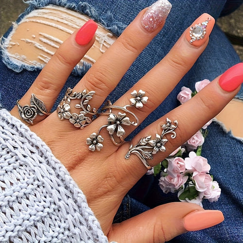 925 Sterling Silver Vintage Stackable Floral Ring Set for Women – 4 Piece Boho Stacking Rings, Elegant Minimalist Band Jewelry, Perfect Gift for Her Birthday Anniversary Christmas