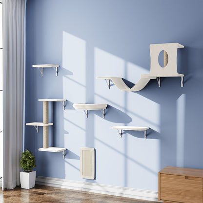 7-Piece Wall Mounted Cat Climbing Shelf Set – Deluxe Indoor Cat Furniture with Cat Condo, Wall Shelves, Scratching Post, Bridge Ladder & Tunnel, Space-Saving Cat Wall Playground for All Cat Sizes