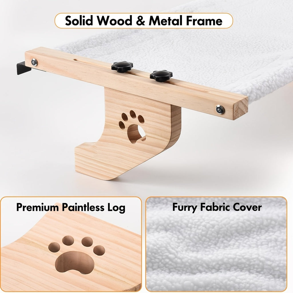 Cat Window Perch & Hammock for Indoor Cats – Sturdy Wood & Metal Frame, Easy-Adjust Mount for Windowsill, Bedside, Drawer & Cabinet, Supports Large Cats, Space-Saving Cat Shelf Bed