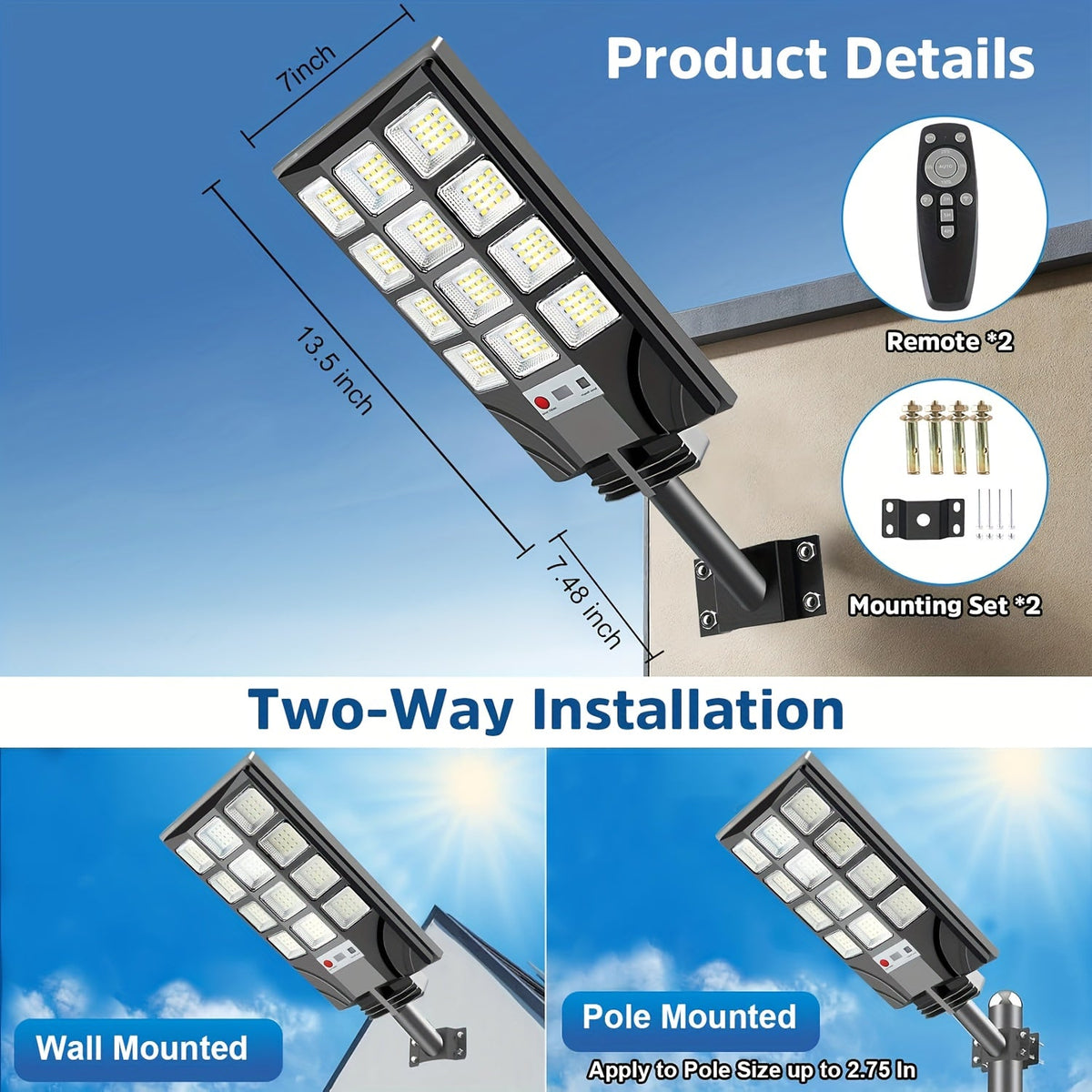Solar Street Lights 400 LED 6500K Waterproof | Motion Sensor, Remote Control, Dusk to Dawn Outdoor Solar Flood Light for Parking Lot, Yard, Driveway, Commercial Area – 2 Pack & 4 Pack