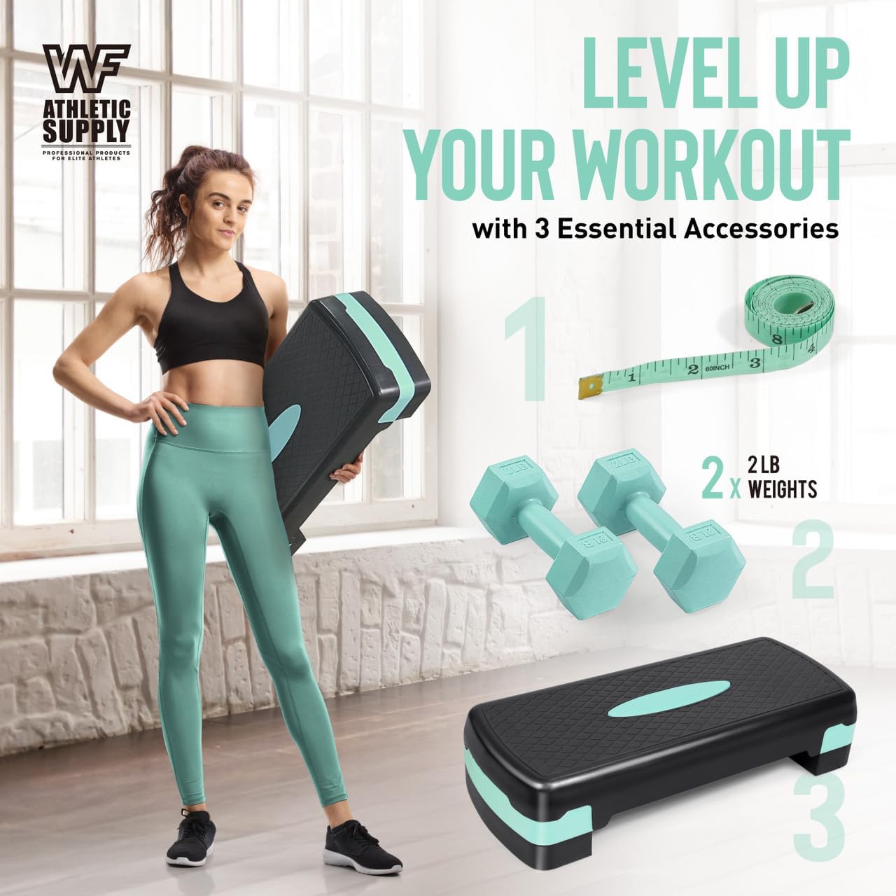 Adjustable Height Aerobic Stepper Set with 2 Dumbbells & Measuring Tape – Home Workout Exercise Step Platform with Level Risers, Non-Slip, 550 LB Capacity, 3 Colors Blue Green Pink