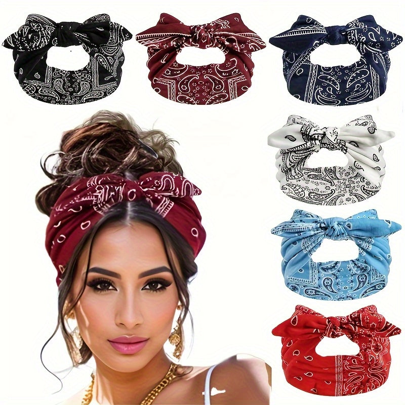 6-Pack Bohemian Paisley Bow Elastic Headbands for Women – Loose Elastic Headscarves in 6 Colors (Sky Blue, Black, Navy, Wine Red, White, Red), All Seasons Outdoor & Daily Wear