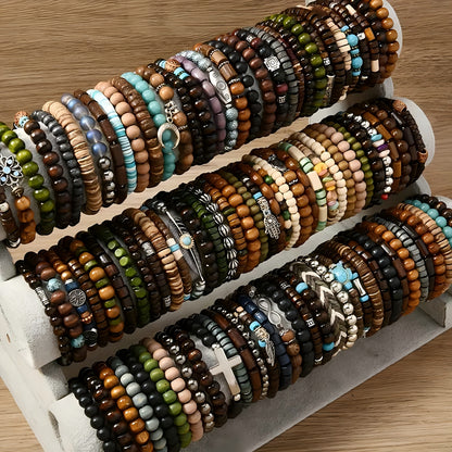 Boho Wood Beaded Bracelet Set – Stackable Elastic Bracelets with Turtle, Cross, Leaf & Feather Charms, Mixed Colors, Choose 12, 24, 47 or 87 Pcs – Perfect for Daily Wear & Gifting