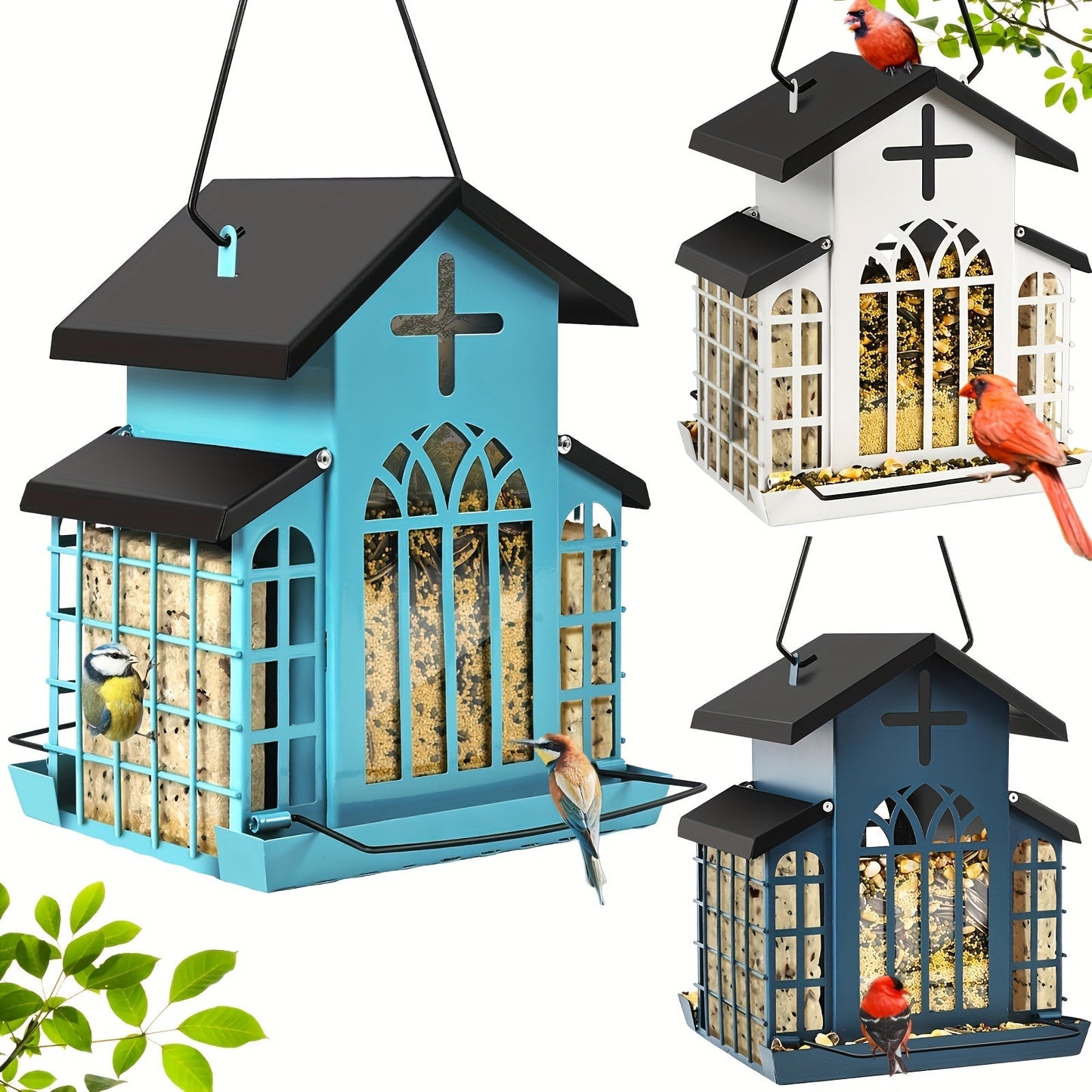 Vintage Metal Wild Bird Feeder for Outside – Triple Feeders for Finch, Cardinal & Chickadee, Large Capacity Metal Mesh Design with Easy-Hang Chains & Window Cut-Outs, 7 Style Options