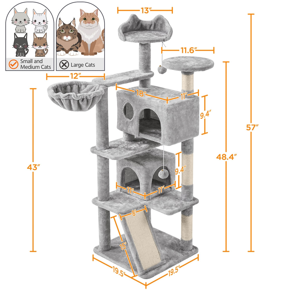 57-Inch Multilevel Cat Tree Tower with 2 Condos – Sisal Scratching Posts, Dangling Ball, Round Platform & Ladder for Indoor Kittens & Small Cats, 6 Colors, Christmas Gift for Cat Lovers